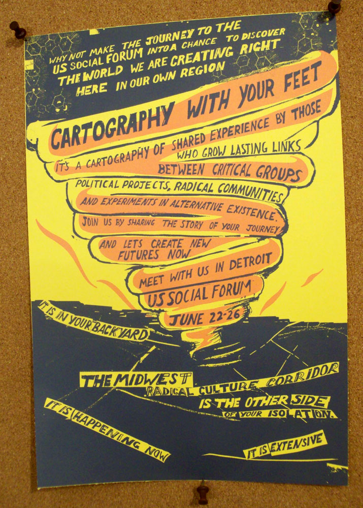 Screenprint poster for Cartography with Your Feet at the US Social Forum